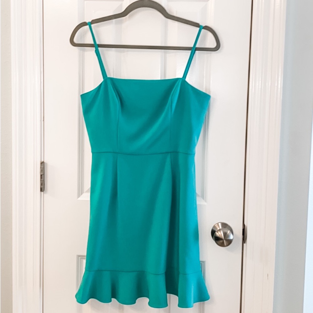 French Connection Whisper Frill Hem Dress in Peacock Green